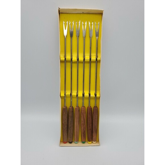 MCM Hamilton Beach Stainless Steel Japan Fondue Forks Color Coded Wood Handles - Picture 11 of 12